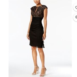 Betsy & Adam Black Lace Cap Sleeve Midi Dress